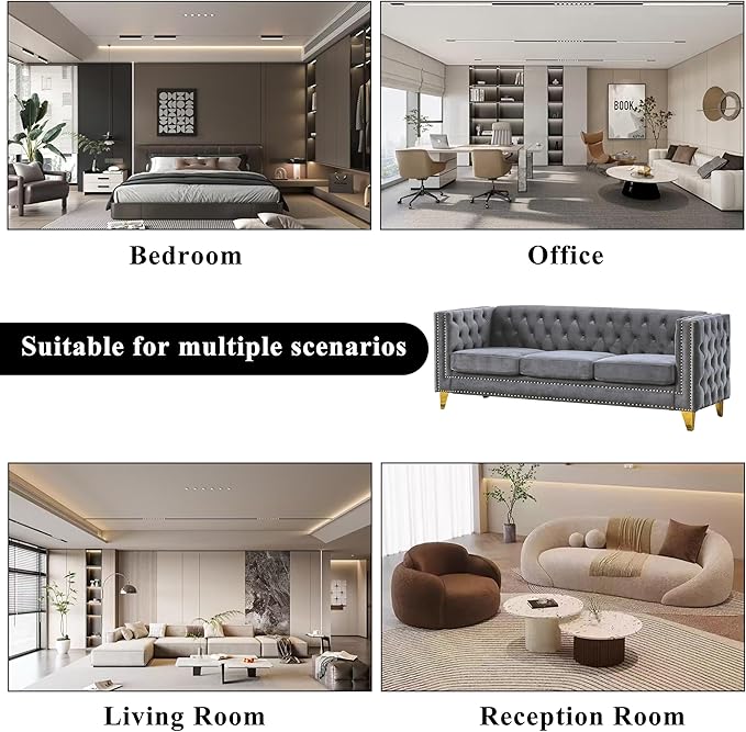2 Piece Chesterfield Velvet Combination Sofa Set for Living Room3-Seater and Loveseat Sofa Set Tufted Couch with 4 PillowsRolled Arms and Nailhead for Living Room Bedroom Office Grey