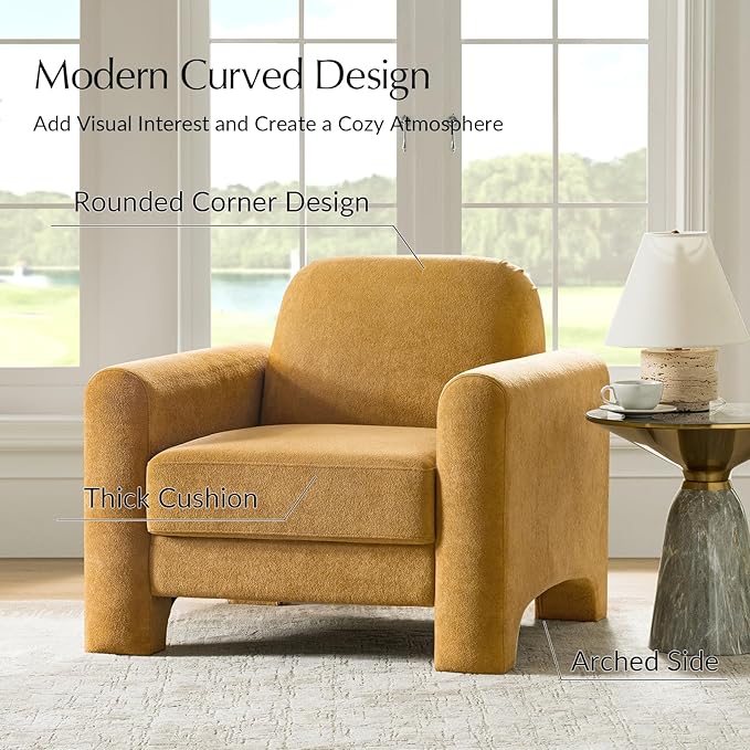 HULALA HOME Modern Curved Accent Club Chair Chenille Armchair Upholstered Sofa Chair with Wrapped Armrests Comfy Reading Armchair for Living Room Easy Assembly Camel