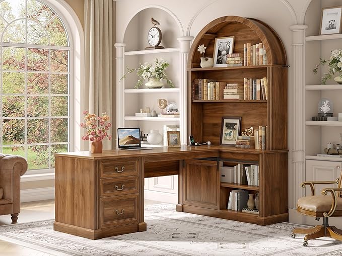 SEDETA 67 L Shaped Desk with Tall Arched Bookshelf Mid-Century Office Computer Desk with 3 Drawers and Storage Shelves Corner Executive Desk with Sliding Barn Door for Home Office Brown