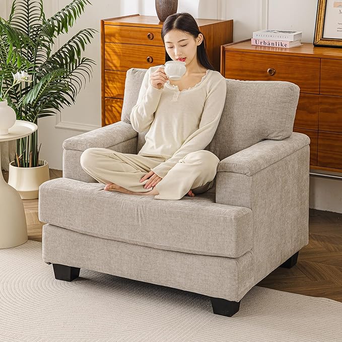 Oversized Accent Chair with Armrest OrganizerComfy Living Room Chairs with Thick CushionUpholstered Linen Fabric ArmchairBig Reading ChairSofa Chair for BedroomKhaki
