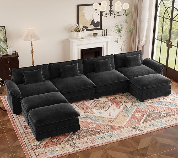 HUSFU 154 Cloud Couch Modular Sectional Sofa with Ottoman 4-Seat Modern Chenille Upholstered U-Shaped Deep Seat Sofa Couch for Living Room Bedroom and Apartment Black