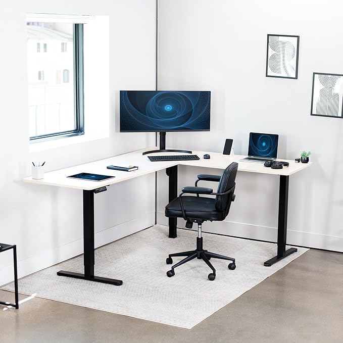 VIVO Corner Standing Desk 75 x 63 inch Reversible L-Shaped Workstation Electric Height Adjustment Home Office and Reception Rooms Light Wood Table Top Black Frame DESK-E3CTBC-75