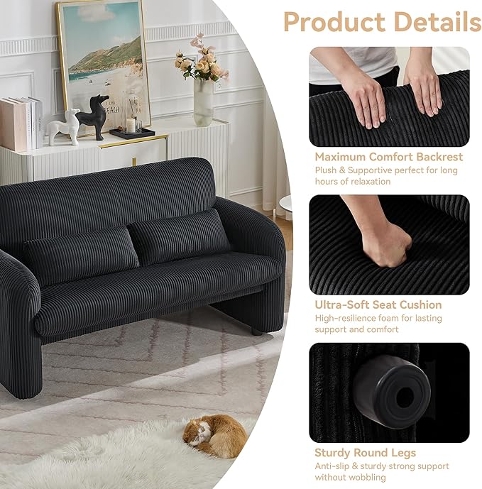 Corduroy Accent Living Room Sets Modern Upholstered Love Seat with 2 Accent Chairs Wide Comfy Leisure Chair Sets for Bedroom Office Black