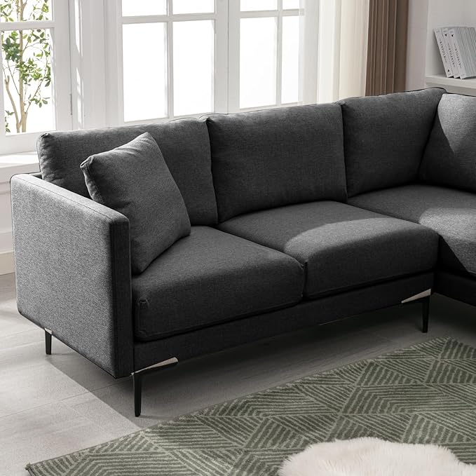 BALUS 107 W Sectional L Shaped Sofa Couch Set for Living Room Convertible Oversized 5-Seat Corner Sofa Sets with 2 Pillows Modern Linen Sofas with Metal Legs for Living Room Apartment - Dark Grey