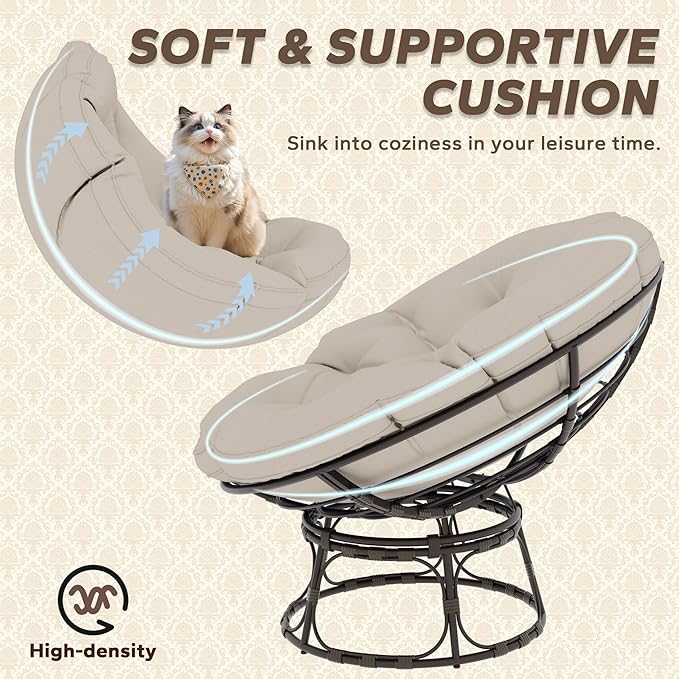 46'' Large Size Papasan Chair (Non-Swivel) with Cushion and Frame Lazy Circle Round Chair for Bedroom and Living Room Beige