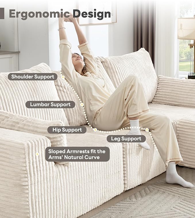 Tbfit Sectional Cloud Couch for Living Room Modular Sofa with Angled Armrest Comfy Boneless Sofa with Wide Seat &amp Deep Seat White