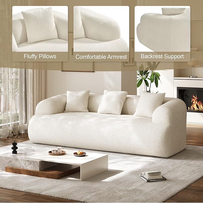 Oversized Sectional Sofa for Living Room Modern Luxury Plush Chenille 3-Seater Extra Deep &amp Wide Seat Curved Cloud Couch with 3 Throw Pillows No Assembly Needed Cream White （91 inch）