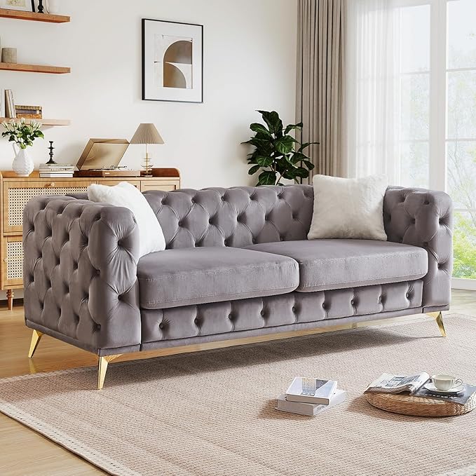 Mid Century Modern Couch and Loveseat Sofa Set Upholstered Velvet Couch with Button Tufted &amp Gold Legs Deep Seat Comfy Chesterfield Sofa for Living Room Bedroom Office(Loveseat + 3 Seater Gre