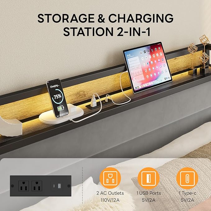 LIKIMIO King Size Bed Frame with Storage Headboard &amp LED Lights Metal Platform Bed with Charging Station Noise Free No Box Spring Needed Under Bed Storage Charcoal Gray