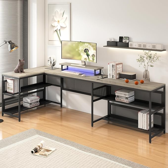 U-Shaped Desk with Shelve and LED Lights Computer Desk with Storage 4 Shelves Home Office Desk Gaming Table Desk for Office Home Study Bedroom Gray