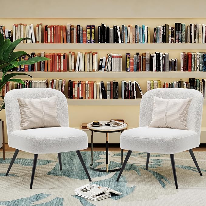 Andeworld Modern Accent Chair Set of 2 Upholstered Sherpa Velvet Living Room Chairs Elegant Armless Cute Small Side Club Chair with Golden Legs for Bedroom-White