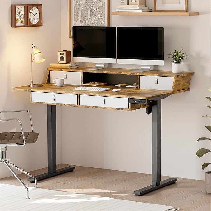 MSZ Sit &amp Standing Desk Adjustable Height Electric Sit Stand Up Down Computer Table 48x24 Inch Ergonomic Rising Modern Lift Motorized Gaming Desktop Work Home Office (Brown-Double Bookcase)