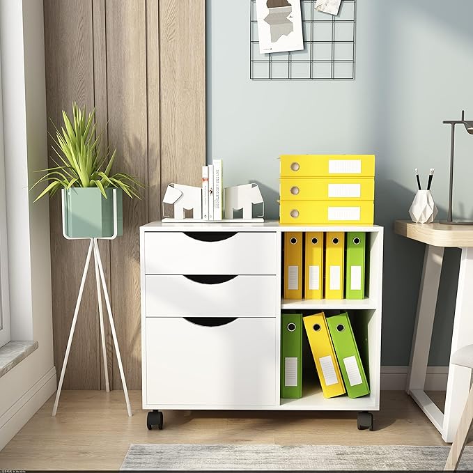 QDSSDECO 3-Drawer with Shelf Wood File Cabinet Mobile Lateral Filing Cabinet with Rolling Wheel Printer Stand and Open Adjustable Storage Shelves for Home Office White