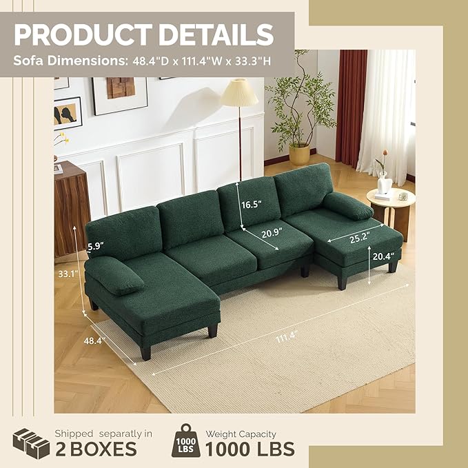 VINGLI 110' U-Shaped Sectional Couch with Two Chaise Affordable Small Sofa with 4 Seats Chenille Fabric Comfy Couches for Living Room Dark Green