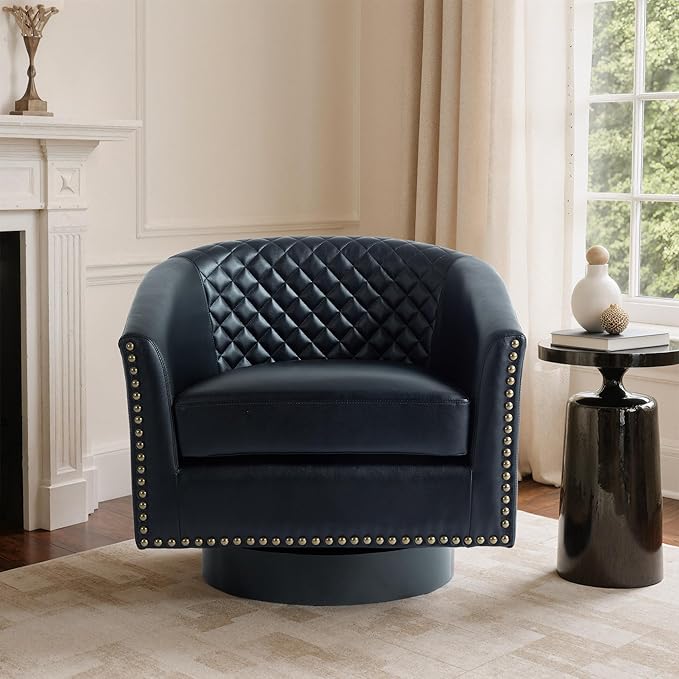 Swivel Barrel Accent Chair Faux Leather Club Chair for Living Room Modern Upholstered Round Armchair Side Chair for Bedroom Office-Black