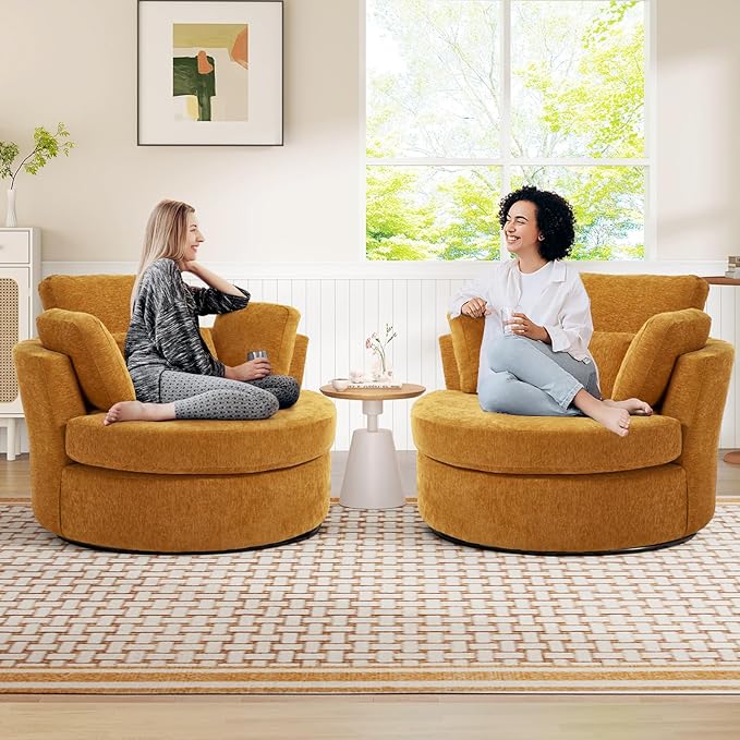 Oversized Swivel Accent Barrel Chair Set of 2 Chenille Upholstered Comfy Round Swivel Chair with Pillows 360 Degree Modern Lounge Reading Sofa Armchair for Nursery Living Room Bedroom(Yellow)