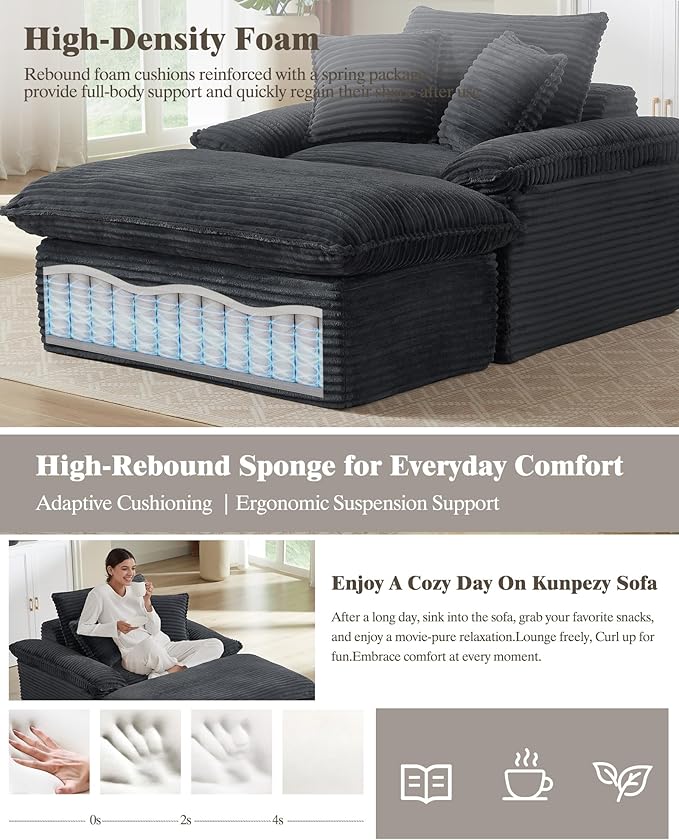Oversized Chaise Lounge Chair Indoor Upholstered Corduroy Couch with 3 PillowsComfy Fluffy Cloud CouchSingle Sleeper Sofa Chair for Livingroom (Deep Gray + Ottoman 52W X 70.87D)