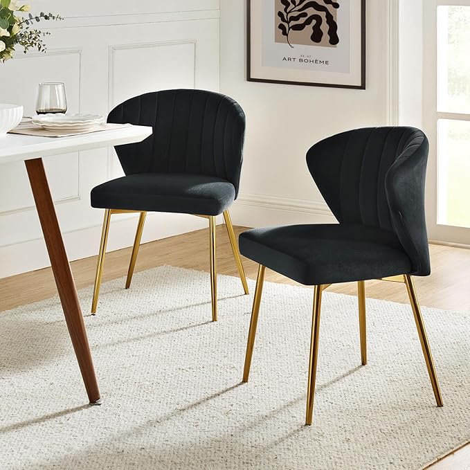 HULALA HOME Dining Chairs Set of 2 Velvet Upholstered Kitchen &amp Dining Room Chairs with Metal Legs Vanity Chair Armless Side Chairs for Living Room Bedroom Restaurant Channel Curved Backrest Bla