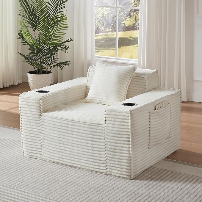 Cloud Boneless Chair with Cup Holder &amp Side Pocket Corduroy Comfy Sofa Chair with Pillow Modern Upholstered Chairs Fluffy Armchair for Living Room Bedroom Apartment No Assembly(Beige 43.31