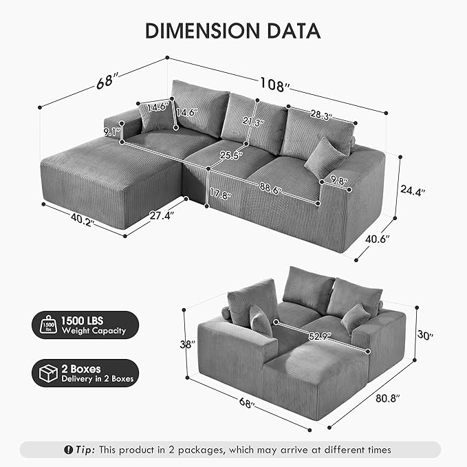 108 Modular Cloud Sectional Sofa 17.8 Comfort Height &amp Neck Pillow Modern Corduroy Couch with L-Shape Oversized Chaise for Living Room Bedroom No Assembly Required (Grey)