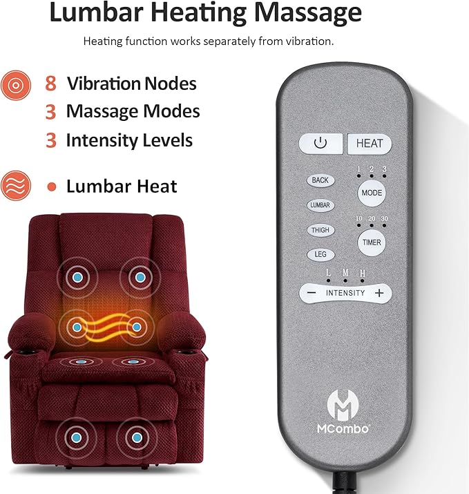 MCombo Dual Motor Large Power Lift Recliner Chair for Elderly Lay Flat Lift Chair with Heat and Massage Big Lift Recliner for Tall People Cup Holders Fabric 7896 (Large Burgundy)