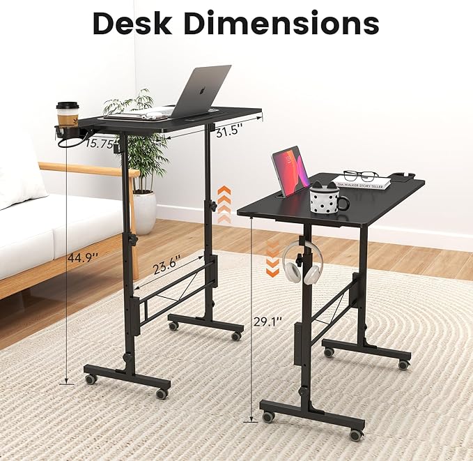Hadulcet Small Standing Desk Adjustable Height Mobile Stand Up Desk with Wheels Portable Walking Pad Table Stand Rolling Laptop Cart for Standing or Sitting Black