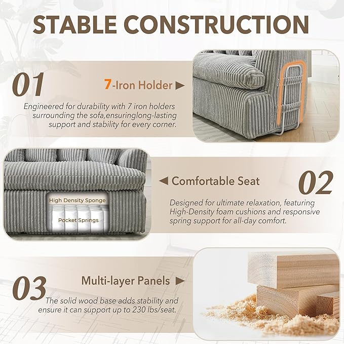 127 Modular Sectional Corduroy Sofa L Shaped Cloud Couch with 10 Pillows Comfy Curved Sofa with 7 Iron Frames Modern Left Chaise Lounge Couches for Living Room Bedroom Apatment Gray