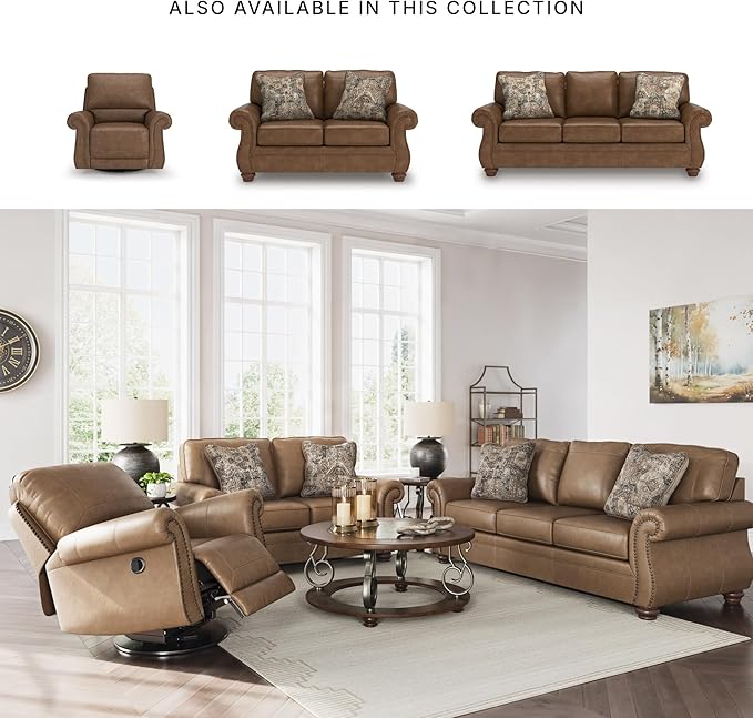 Signature Design by Ashley Shadsburne Rustic Faux Leather Loveseat with Nailhead Trim and 2 Throw Pillows Brown