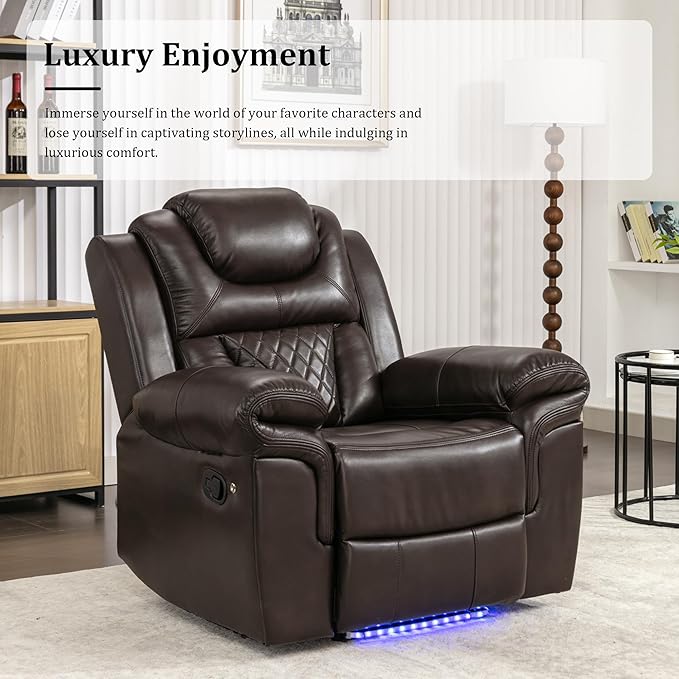 Leather Recliner Chair with Adjustable Backrest Modern Home Theater Seating with LED Light Strip for Living Room Bedroom Home TheaterRV(Brown)