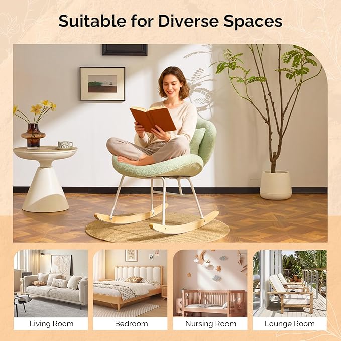 VINGLI 25.6 Extra Wide Nursery 115° Armless Rocking Chair Curved Cute Cross-Legged Glider Chair with Pillow &amp Solid Wood Nursing Chair for Bedroom Living Room Teddy Fleece Mint Green