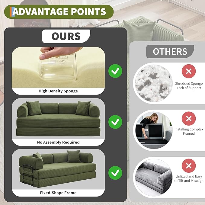 IDEALHOUSE 4 in 1 Convertible Sleeper Sofa Bed Couch 79 Inch Boneless Corduroy Floor Couch with Pillows No Assembly Modern Deep Seat Sofa Futon Mattress for Living RoomApartmentGreen