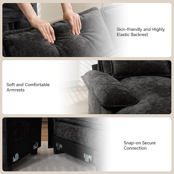 125 U Shaped Sectional Sofa with Storage Console Cup Holders &amp USB Ports Small Modular Deep Seat Cloud Couch Modern Comfy Chenille Sofas for Living Room Black