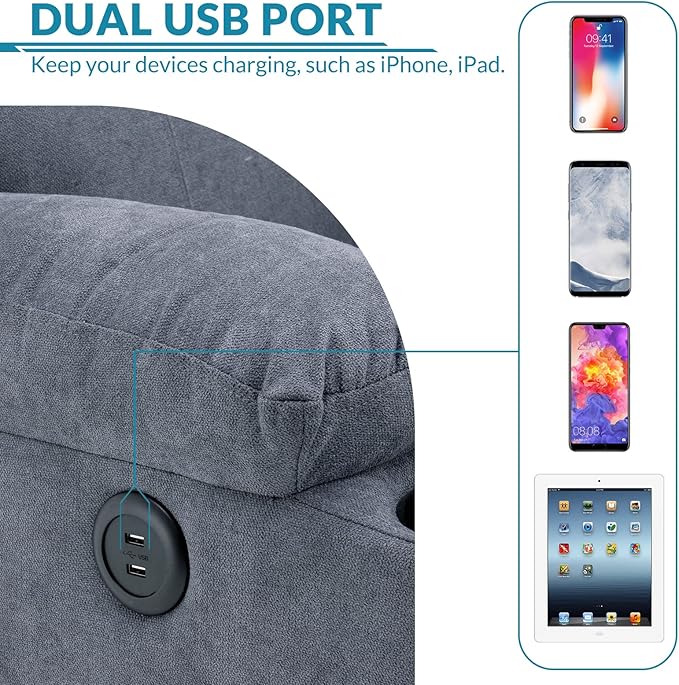 Manual Swivel Glider Rocker Recliner Chair with Massage and Heat 2 USB Ports 2 Cup Holders 2 Side Pockets and 2 Front Pockets Fabric (Grey-Blue)