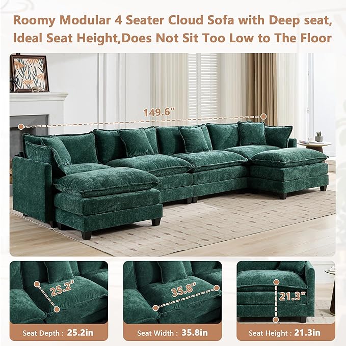 Aoowow Chenille U Shaped Sofas with Deep SeatModular Sectional 4 Seater Cloud Couch with Ottoman Set for Living Room149.6 Fluffy U-Shaped Corner Couches with Chaise Lounges (Green 4+2)