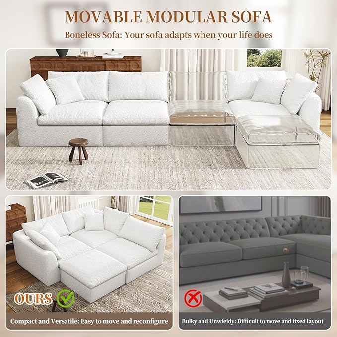 108 Modular Sectional Sofa with Movable Ottoman No Assembly Required Boneless Cloud Couch Deep Seat L Shaped Sectional Couches for Living Room Bedroom and Apartment White
