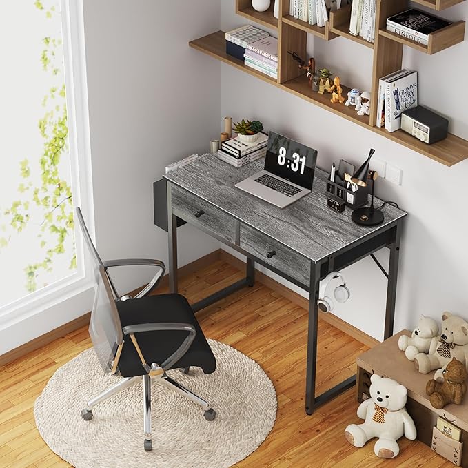 Lufeiya Small Desk with Drawers - for Bedroom 32 Inch Home Office Computer Desk with Fabric Storage Drawer and Bag Study Writing Table for Small Spaces Gray