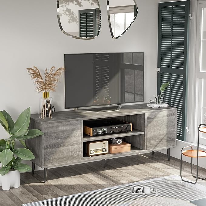 JUMMICO TV Stand for 65 Inch TV Mid Century Modern TV Stand Entertainment Center with Storage Cabinet and Open Shelves TV Console Table Media Cabinet for Living Room and Bedroom (Gray)