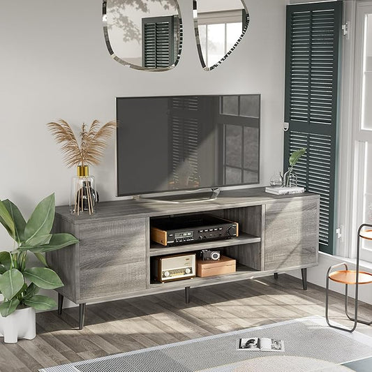 JUMMICO TV Stand for 65 Inch TV Mid Century Modern TV Stand Entertainment Center with Storage Cabinet and Open Shelves TV Console Table Media Cabinet for Living Room and Bedroom (Gray)
