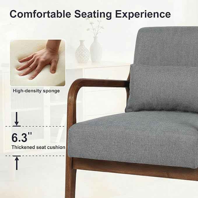 Mid Century Accent Chair Comfy Arm Chair with Solid Wood Frame Upholstered Modern Chair for Living Room Bedroom Waiting Room Dark Grey