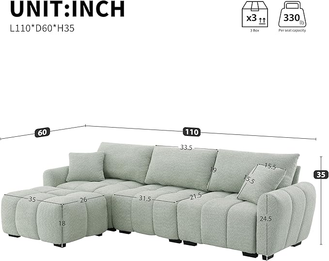 110 Modular Sectional Sofa L Shape with Extra-Large Seat Pull-line Design Movable Ottoman High Density Foam Free Combination Sturdy Metal&ampWood Frame Boucle FabricLight Green