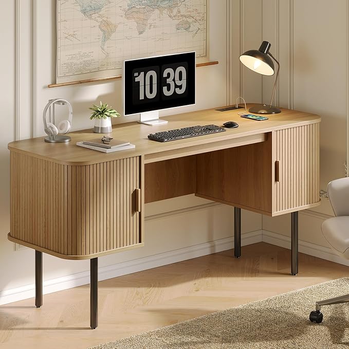 ONBRILL 63 Inch Fluted Computer Desk with Charging Station Mid Century Executive Desk with 2 Storage Cabinets Modern Home Office Large Desk with Metal Legs for Working Studying Writing Oak