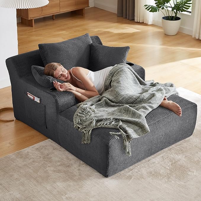 49.2Oversized Chaise Lounge Chair IndoorFaux Fur Boneless Reading Chair with Cup Holder&ampSide PocketsCloud Sofa BedComfy Modern Sleeper Chairs in Box for Living RoomNo Assembly(Dark Grey)
