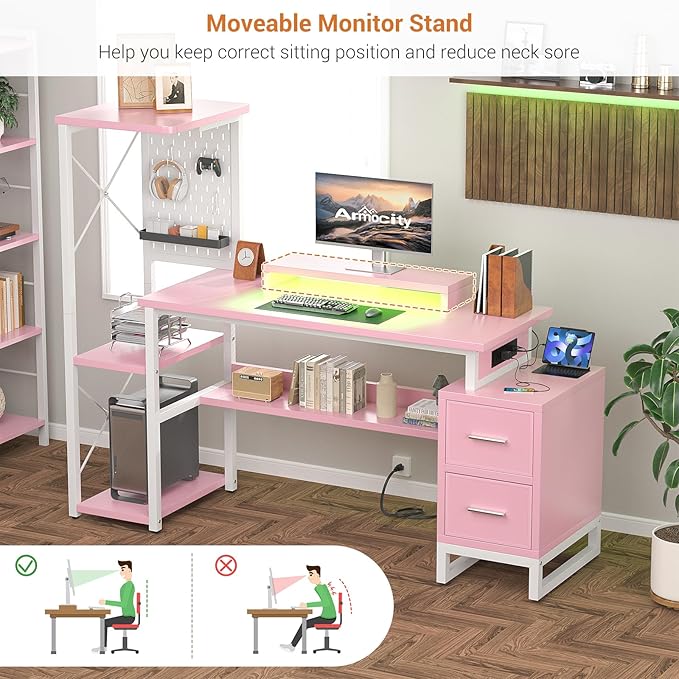Computer Desk with 2 Fabric Drawers - Reversible Home Office Desk with Power Outlet &amp LED Lights 53 Writing Desk with Monitor Stand &amp Storage Shelves Gaming Desk Study Table with Pegboard