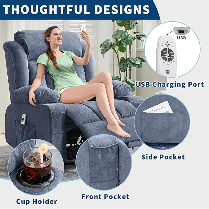 Oversized Swivel Rocker Recliner Chair with Heat &amp Massage 3-Position Adjustable Nursery Recliner for Adults Dual Cup Holders Side Pockets USB Charging Ports Blue