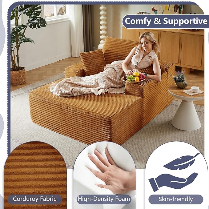 49.2 Oversized Chaise Lounge Chair Indoor Modern Upholstered Deep Seat Sofa Bed Sleeper Couch Reading Chairs Comfy Corduroy Cloud Sofas Couches for Living Room No Assembly Orange