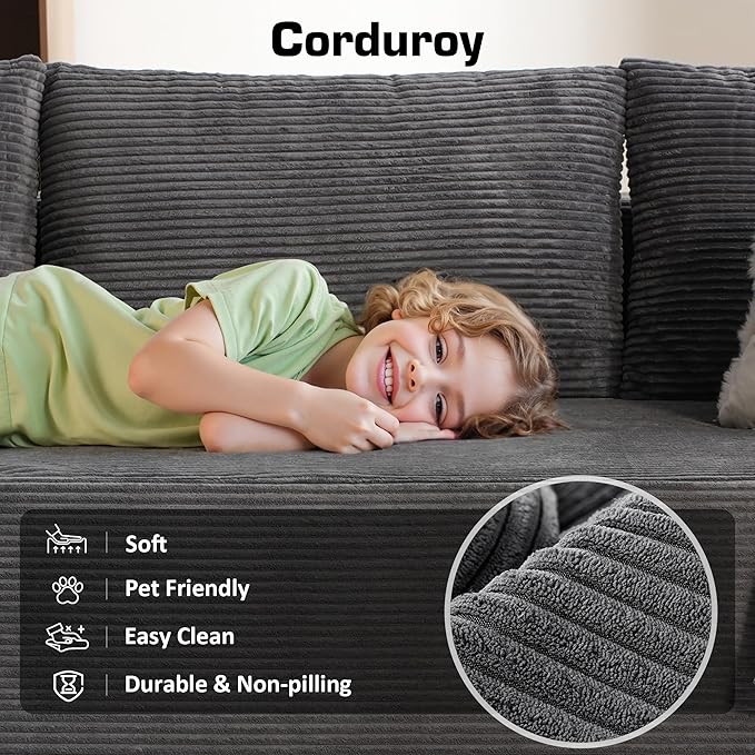 106 Cloud Sectional Couch with Chaise LoungeL Shaped Modular Modern SofaComfy Corduroy Fluffy Couches with Deep SeatNo Assembly Required Couch for Living Room(LeftStripe CorduroyGray)