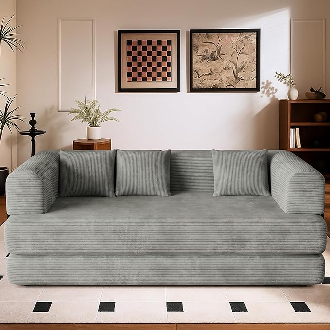 WENTMENT 80‘’Convertible Floor Sofa Bed for Living Room Boneless Couch with Deep Seat Corduroy Pull Out Sofa Bed with 3 Pillows Bedroom Apartment No AssemblyGrey