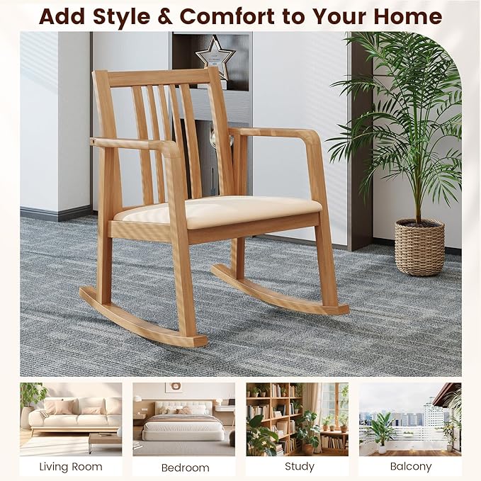 Giantex Rocking Chair with Cushioned Seat Indoor Solid Rubber Wood Rocker Chair w/Slatted Back &amp Curved Armrests Wooden Accent Armchair for Living Room Bedroom Study Porch (2Natural + Beige)