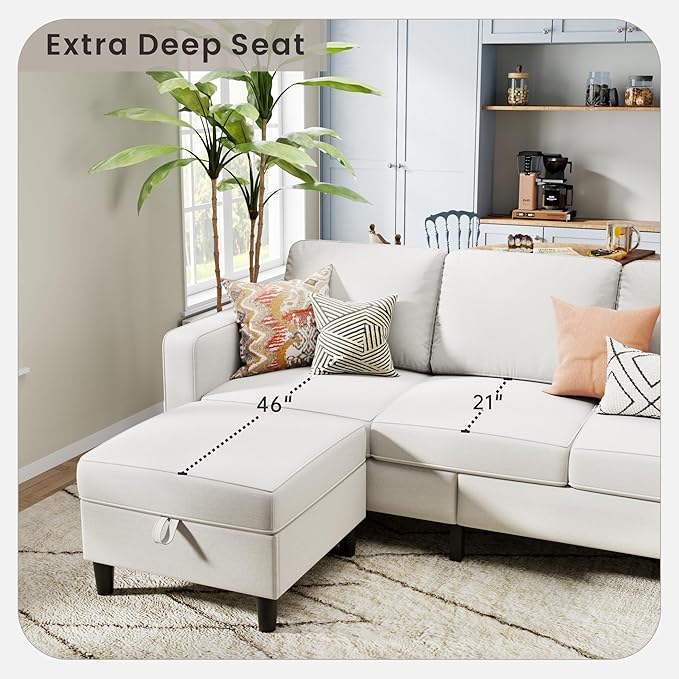 Sectional Sofa Couches for Living Room - Beige 3 Seat L-Shaped Couch with Storage Ottoman Comfy Linen Convertible Sectionals Sofas with Chaise for Apartment Office Small Space