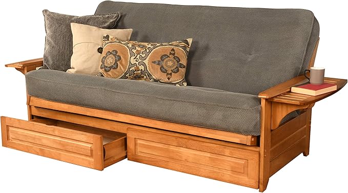 Kodiak Futons Furniture KF Phoenix Full Size Futon in Butternut Finish with Storage Drawers Marmont Thunder Blue (760708)